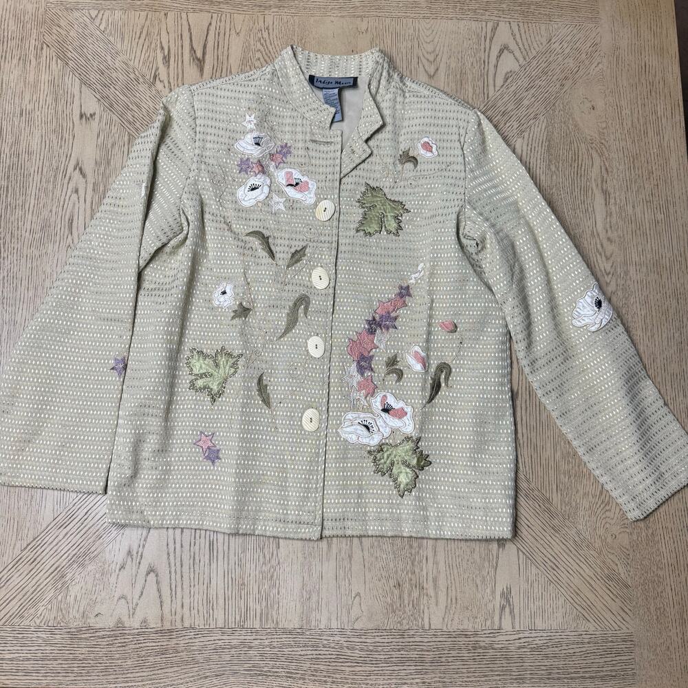 VTG Indigo Moon Small Tan Floral Embroidered Button Front Jacket Shirt Shacket